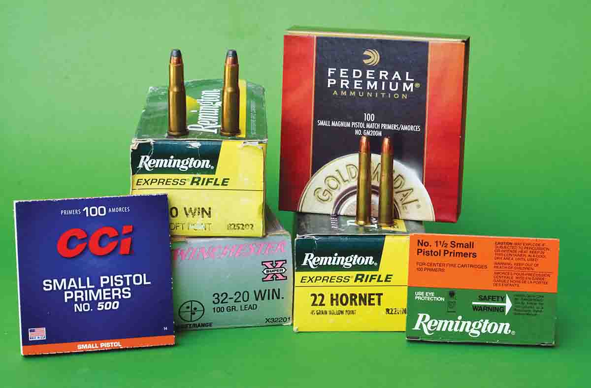 Small rifle cartridges such as the .25-20 and .32-20 Winchester, .22 Hornet and others can provide excellent results using small pistol primers.